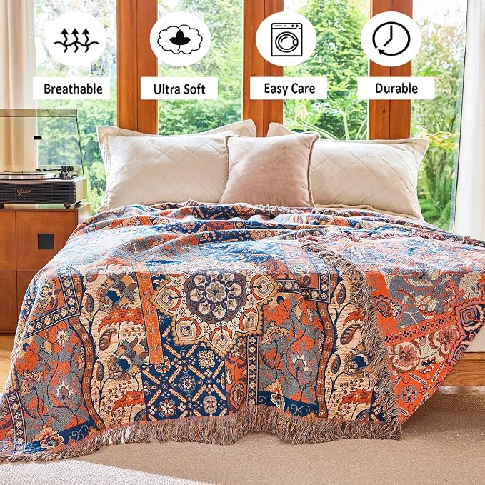 VANJOROY Boho Throw Blanket for Bed Couch 50" x 60", 100% Organic Cotton Skin-Friendly Ultra Soft Quilt Orange Throw - Floral Rustic Room Decor Luxury Reversible Blanket for Sofa Chair and Gift