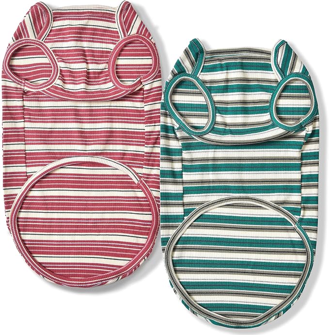 Dog Shirts Vest Cotton Striped T-Shirt, Sleeveless Stretchy Pet Clothes for Small Dogs, 2-Pack Soft Breathable Puppy Tank Top Cat Tee (X-Small, Pine Green,Plum Red)