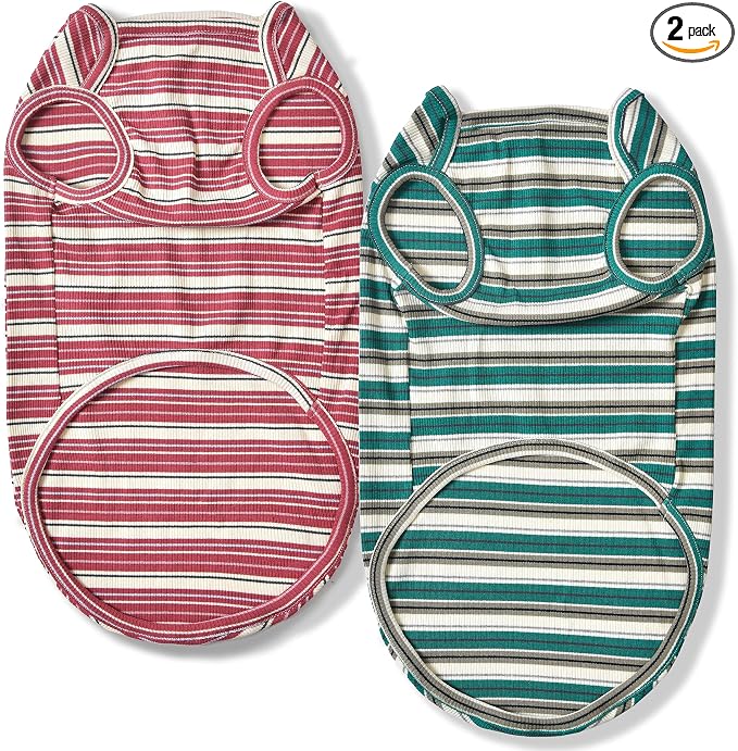 Dog Shirts Vest Cotton Striped T-Shirt, Sleeveless Stretchy Pet Clothes for Small Dogs, 2-Pack Soft Breathable Puppy Tank Top Cat Tee (XX-Large, Pine Green,Plum Red)