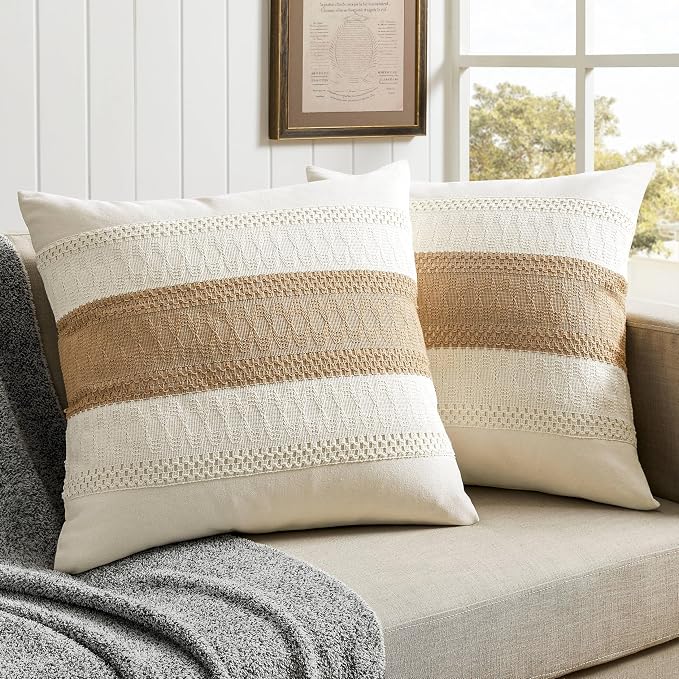 2 Pack Boho Throw Pillow Covers, Contrast Brown 22x22in | Soft Breathable Cotton, Farmhouse Decorative Couch Pillow Cases, Cushion Covers for Sofa Bed Living Room Home Decor