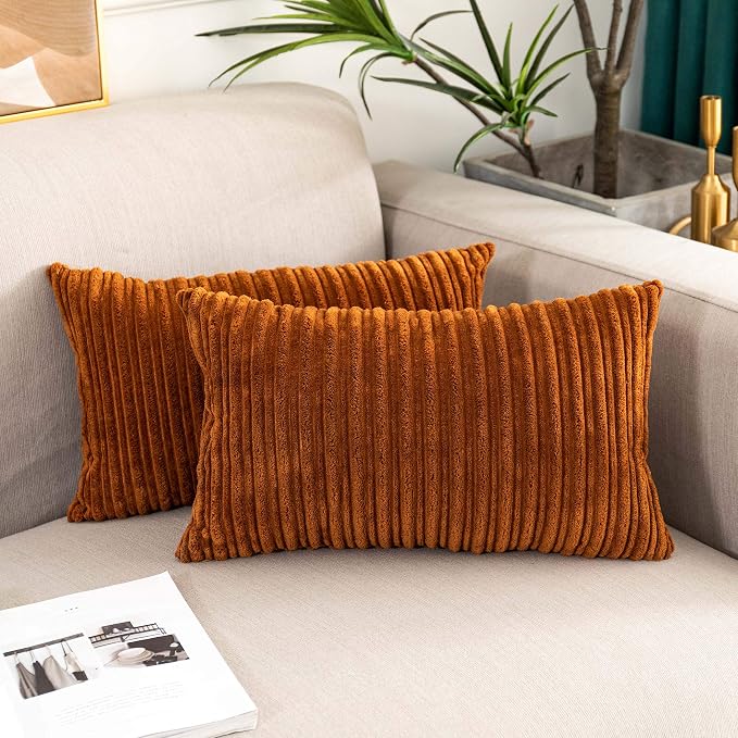 UGASA Corduroy Striped Soft Soild Decorative Throw Pillow Covers Set Cushion Cases Pillowcases for Sofa Bedroom, 2 Pcs, 12x20inch, Brown