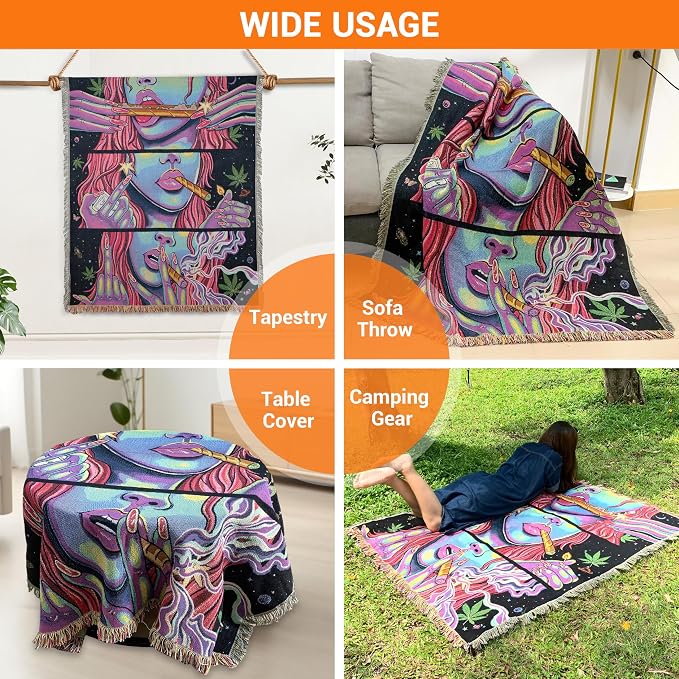 Trippy Throw Blanket for Couch Bed Lounge Chair Hippy Trippy Boho Chair Throw Blanket Hippie Hippy Wall Tapestry Woven Throws Blankets Smoking Weed Accessories Marijuana Cannabis Boho Room Decor 51x59