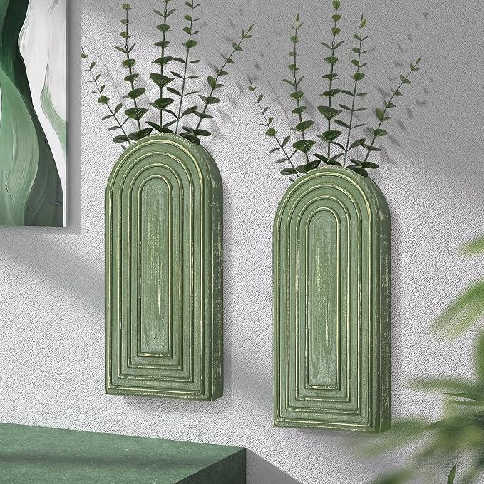 EOSAHR Wall Vase for Flower: Wall Planter Holder for Boho Wall Decor, Green | 2Pcs, Pine Wood, 3D Embossed Lines, Round Corner Design, for Both Wall & Desktop, Green Wall Decor, Wall Art for Bedroom