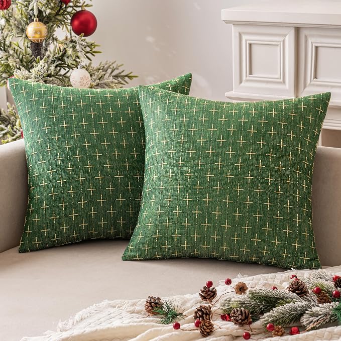 MIULEE Pack of 2 Christmas Decorative Burlap Linen Throw Pillow Covers Modern Farmhouse Pillowcase Rustic Woven Textured Cushion Cover for Sofa Couch Bed 20x20 Inch Christmas Green