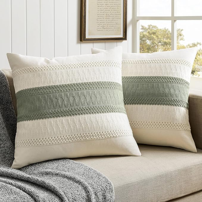 2 Pack Boho Throw Pillow Covers, Contrast Green 22x22in | Soft Breathable Cotton, Farmhouse Decorative Couch Pillow Cases, Cushion Covers for Sofa Bed Living Room Home Decor