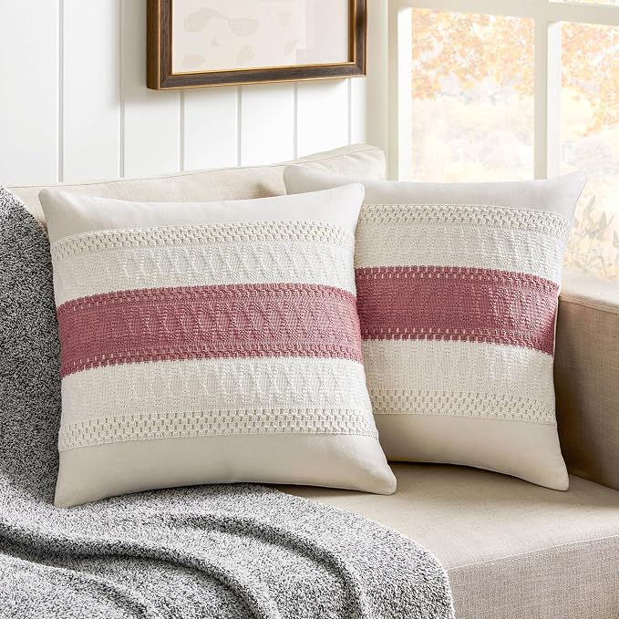 2 Pack Boho Throw Pillow Covers, Contrast Dusty Pink 16x16in | Soft Breathable Cotton, Farmhouse Decorative Couch Pillow Cases, Cushion Covers for Sofa Bed Living Room Home Decor