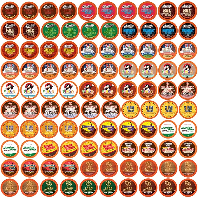 Two Rivers Coffee Hot Chocolate Pods, Single Serve Variety Pack for Keurig K Cup Brewers, Largest Assorted Sampler, Hot Cocoa, 100 Count