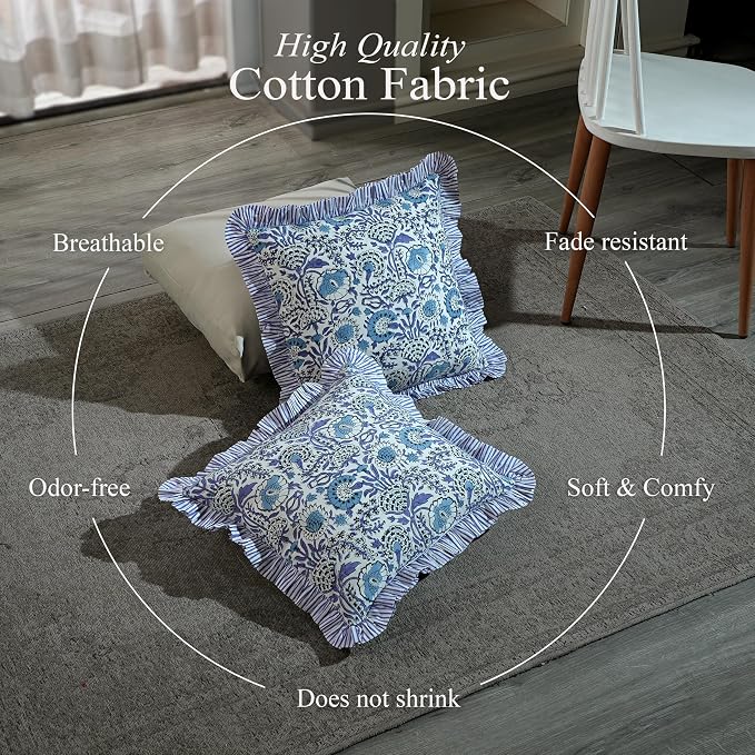 CPC Indigo Blue Ruffle Throw Pillow Covers for Couch, 24x24 Inch Cotton Stripe Ruffle Couch Pillows for Living Room, Hidden 20 Inch Zipper Boho Pillow Case or Cute Outdoor Pillows