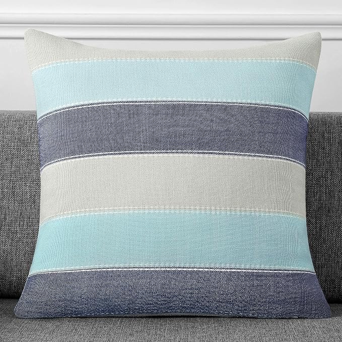 Pack of 2 Farmhouse Stripe Check Throw Pillow Covers Set Case Cotton Linen Decorative Pillowcases Cushion Cover for Couch Bench Sofa 20x20Inch Blue Beige