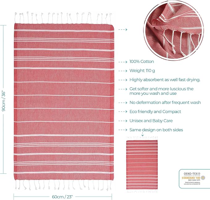 Cacala 100% Turkish Cotton Kitchen Tea Towels, Highly Absorbent Luxury Soft Quick Drying Dish Towel with Hanging Loop for Gym, Yoga, Bath, Sports, Cleaning and Kitchen (23 x 36), Red