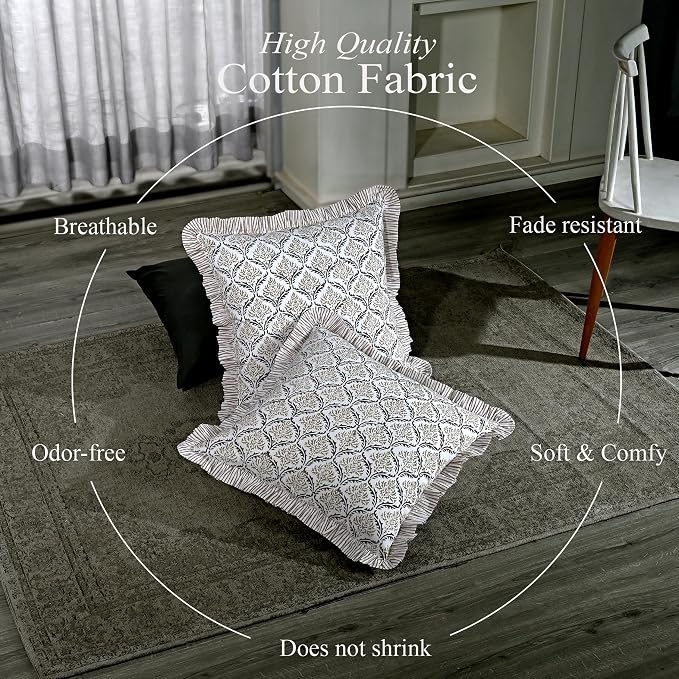 CPC Sandstone Regal Hand Block Print 100% Cotton Ruffle Throw Pillow Cover 24x24 inch with Hidden Zipper Decorative for Couch, Bed, Sofa, Farmhouse, Cottagecore Decor Gift Christmas Fall Thanksgiving