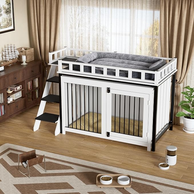 PakaLife Loft-Style Dog Crate Furniture with Double Doors, Heavy Duty Dog Kennel Indoor for Medium and Large Dogs, Wooden Pet House with Multi-Purpose Blanket and Fluffy Dog Bed