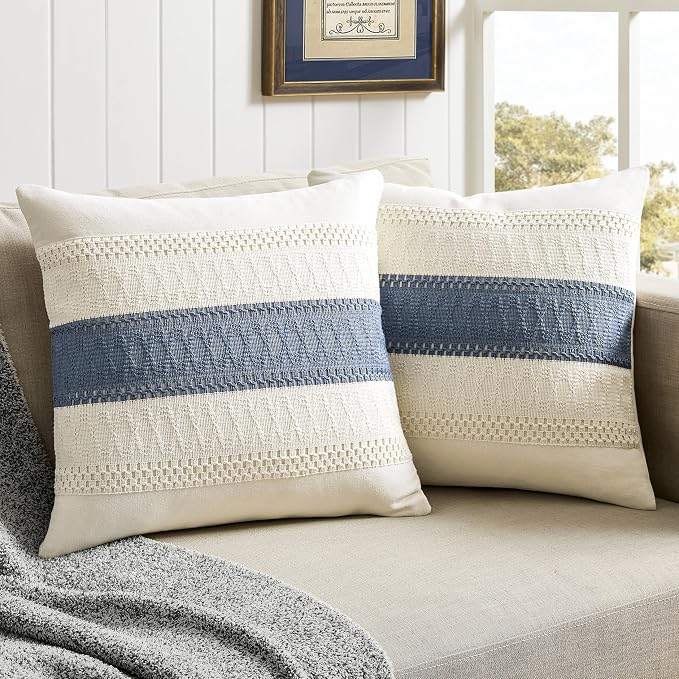 2 Pack Boho Throw Pillow Covers, Contrast Blue 18x18in | Soft Breathable Cotton, Farmhouse Decorative Couch Pillow Cases, Cushion Covers for Sofa Bed Living Room Home Decor