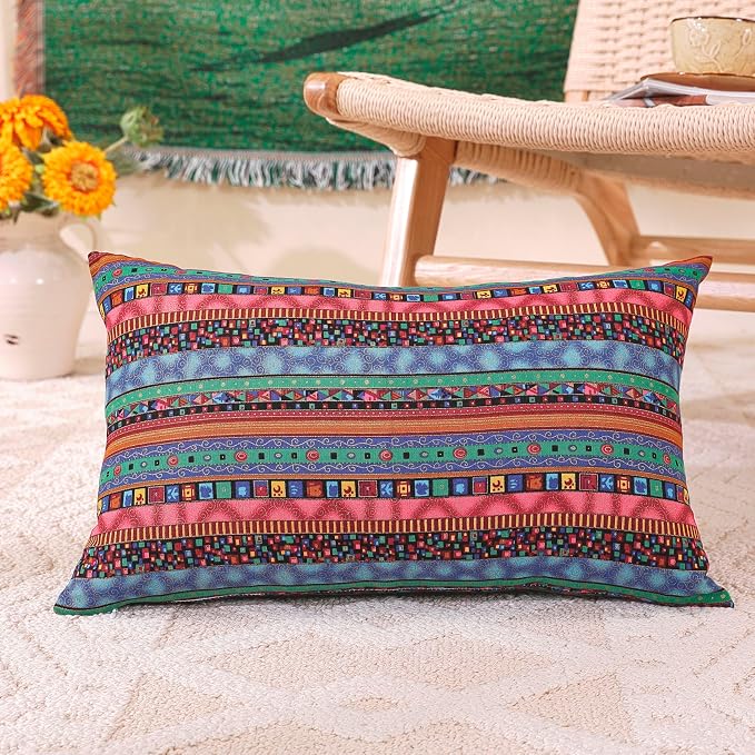 TAOSON Green Stripe Bohemian Style Antique Cotton Blend Linen Sofa Throw Pillowcase Cushion Cover Pillow Cover with Hidden Zipper Closure Only Cover No Insert 12x20 Inch 30x50cm