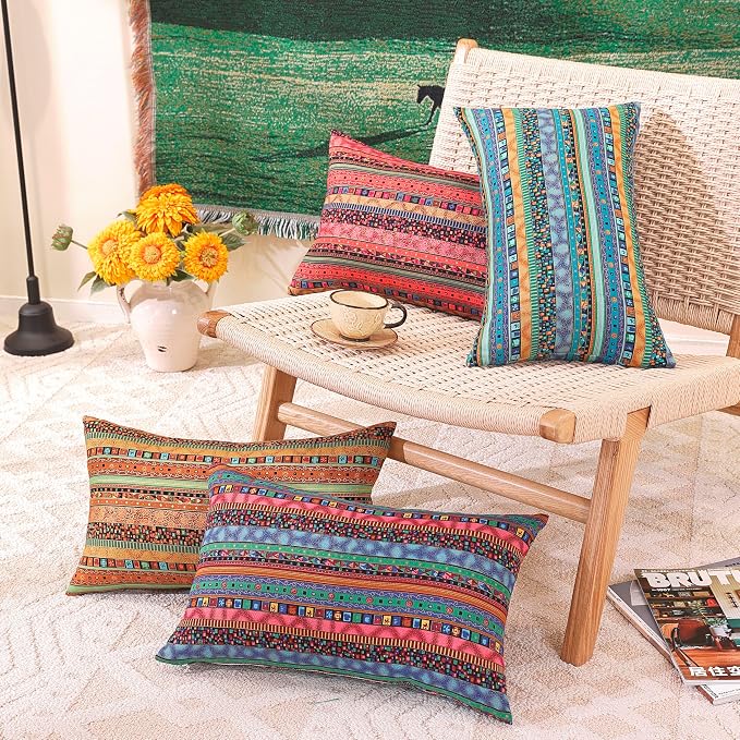 TAOSON Blue Stripe Bohemian Style Antique Cotton Blend Linen Sofa Throw Pillowcase Cushion Cover Pillow Cover with Hidden Zipper Closure Only Cover No Insert 12x20 Inch 30x50cm