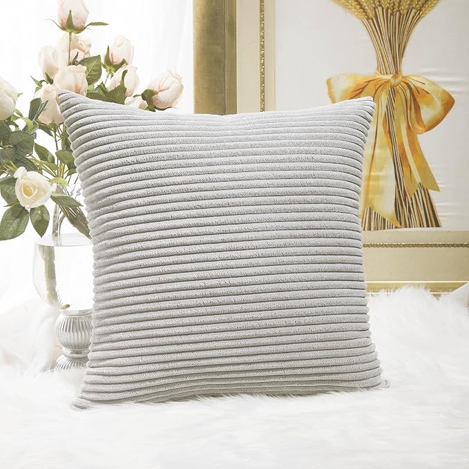 Home Brilliant Striped Soft Velvet Corduroy European Throw Pillow Sham for Sofa Euro Sham Cover for Bed Pillow Cover 26x26 Couch Bench, 26 inch (66x66cm), Light Grey