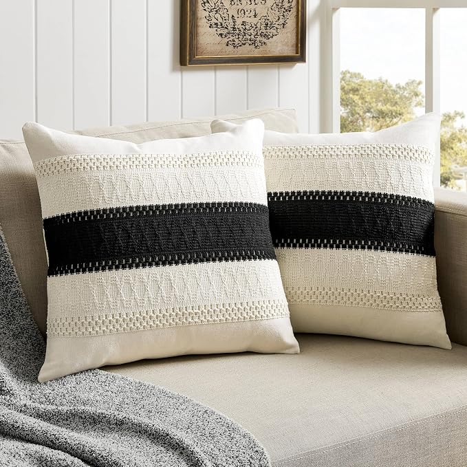 2 Pack Boho Throw Pillow Covers, Contrast Black 18x18in | Soft Breathable Cotton, Farmhouse Decorative Couch Pillow Cases, Cushion Covers for Sofa Bed Living Room Home Decor