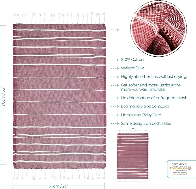 Cacala 100% Turkish Cotton Kitchen Tea Towels, Highly Absorbent Luxury Soft Quick Drying Dish Towel with Hanging Loop for Gym, Yoga, Bath, Sports, Cleaning and Kitchen (23 x 36), Burgandy