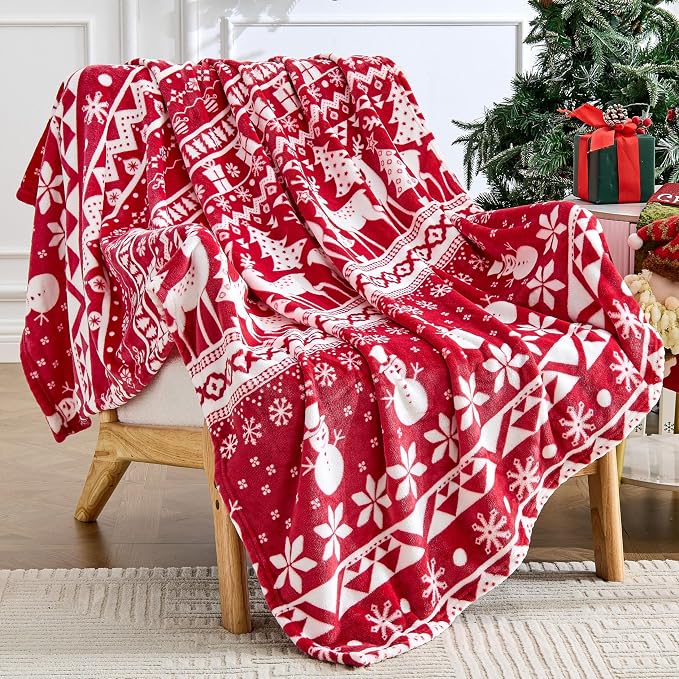 Edenleaf Christmas Blanket Soft Cozy Fleece Throws with Snowman Snowflake Reindeer and Xmas Trees Print, Fuzzy Warm Christmas Throw Blanket for Couch Bed Holiday Decorations Gifts 50"x60" (Red)