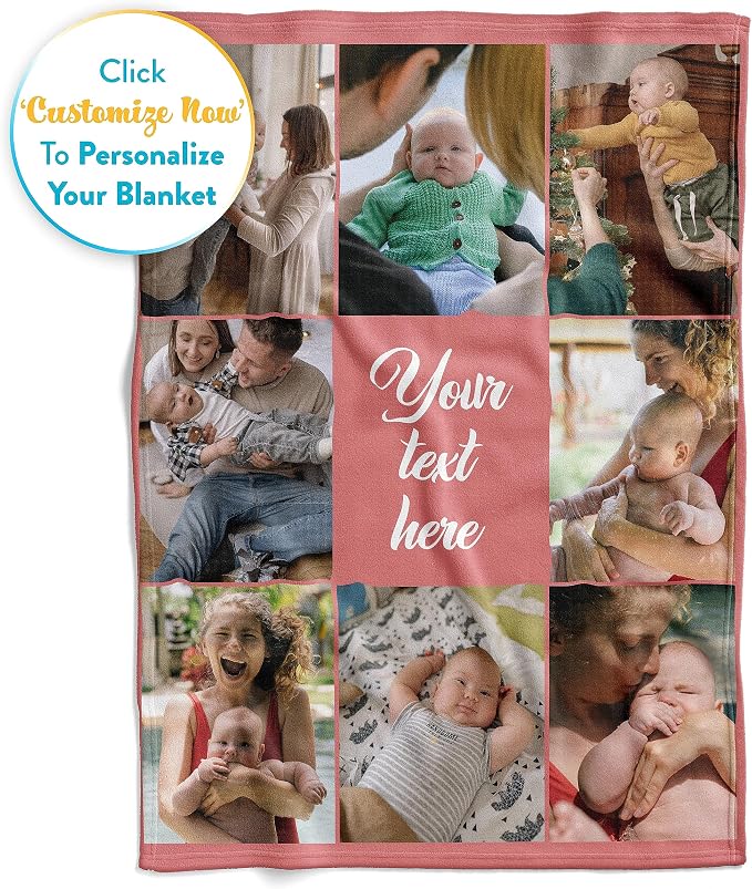 Personalized Photo & Text Blanket, Custom Picture Fleece Throw (8-Pic) | Printed in USA, ships next day, add 1-9 photos & custom text, fleece or sherpa, family keepsake gift, cozy home decor