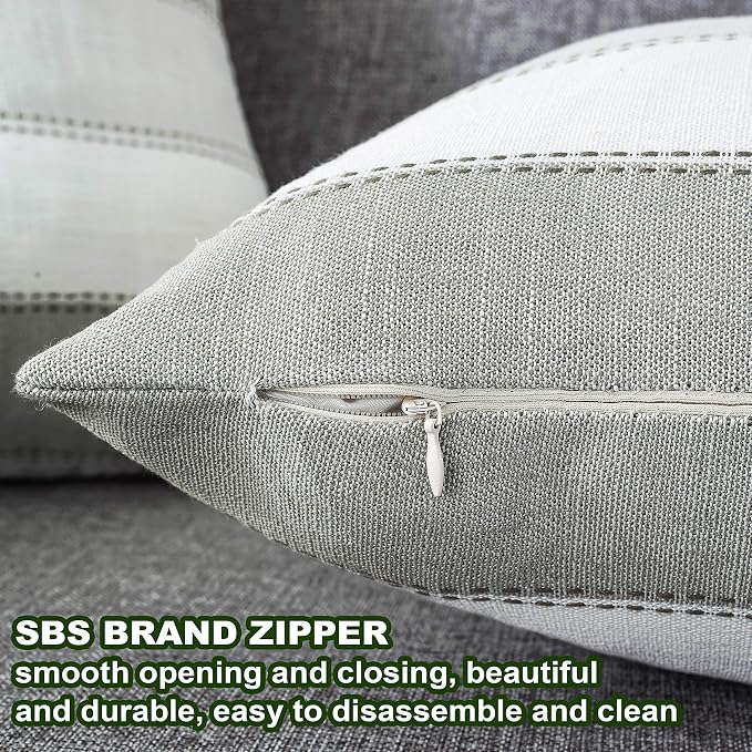 Pack of 2 Farmhouse Stripe Check Throw Pillow Covers Set Case Cotton Linen Decorative Pillowcases Cushion Cover for Couch Bench Sofa 12x20Inch Dark Grey Beige