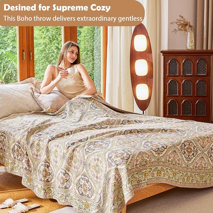 VANJOROY King Boho Throw Blanket, 100% Organic Cotton Breathable Skin-Friendly Ultra Soft 91" x 98" Bed Quilt Throw - Floral Rustic Decor Luxury Reversible Blanket for Sofa Couch Chair and Gift