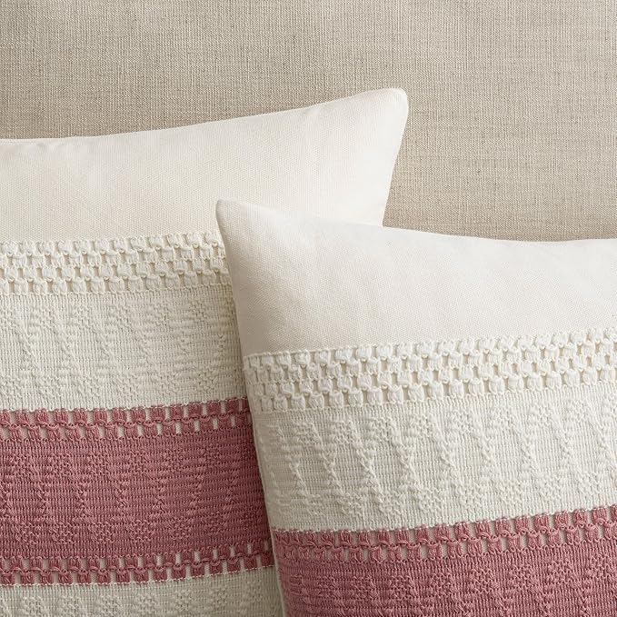 2 Pack Boho Throw Pillow Covers, Contrast Dusty Pink 20x20in | Soft Breathable Cotton, Farmhouse Decorative Couch Pillow Cases, Cushion Covers for Sofa Bed Living Room Home Decor