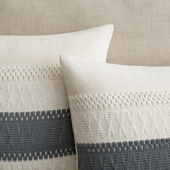 2 Pack Boho Throw Pillow Covers, Contrast Charcoal 16x16in | Soft Breathable Cotton, Farmhouse Decorative Couch Pillow Cases, Cushion Covers for Sofa Bed Living Room Home Decor