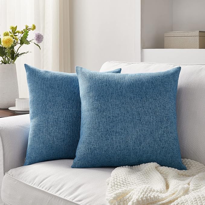 Meekio Set of 2 Blue Pillow Covers 18 x 18 Inch Farmhouse Boho Decorative Throw Pillow Covers Linen Cushion Covers for Sofa Couch Décor