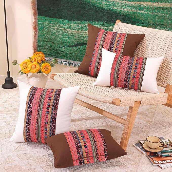 TAOSON Pack of 2 Brown & Red Stripe Patchwork Throw Pillow Covers 18x18 Inch - Bohemian Farmhouse Cushion Cases with Hidden Zipper for Sofa & Bedroom (Cover Only)