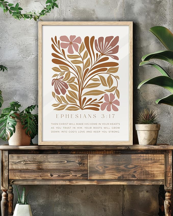 EcoHest 12x16 in Ephesians 3:17 Abstract Floral Framed Christian Wall Art | Natural Oak Wood Frame with Canvas Wall Art, Scripture Bible Verse Wall Decor for Bedroom, Living Room, Office, Church, 1Pack