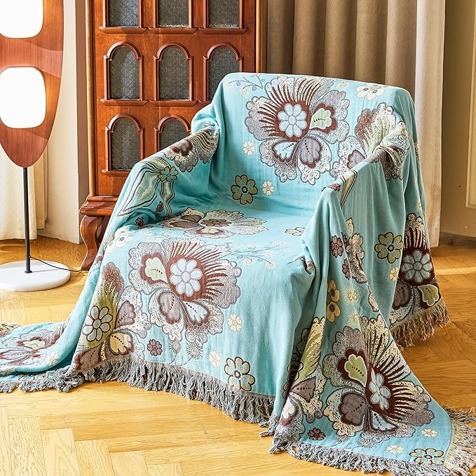 VANJOROY Boho Throw Blanket 80" x 90", 100% Organic Cotton Breathable Skin-Friendly Ultra Soft Bed Quilt Blue Throw - Floral Rustic Decor Luxury Reversible Blanket for Sofa Couch Chair and Gift,