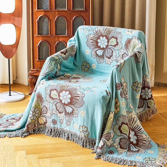 VANJOROY King Boho Throw Blanket 91" x 98", 100% Organic Cotton Breathable Skin-Friendly Ultra Soft Bed Quilt Blue Throw - Floral Rustic Decor Luxury Reversible Blanket for Sofa Couch Chair and Gift