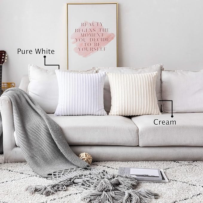 UGASA Velvet Pillow Covers Striped, Decorative Throw Cushion Case with Hidden Zipper for Home Couch/Bedroom/Car, Soft Cozy Solid Square, 1 Pack (18"x18", Pure White)