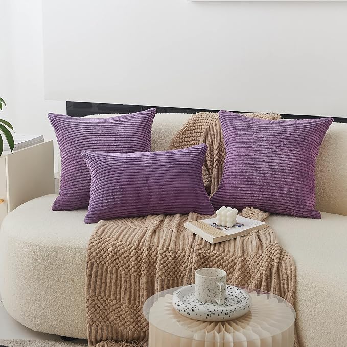 Home Brilliant Purple Pillow Cover 18x18 Supersoft Striped Velvet Corduroy Decorative Throw Pillow Case Throw Pillow for Sofa, Eggplant, (45x45 cm, 18inch)