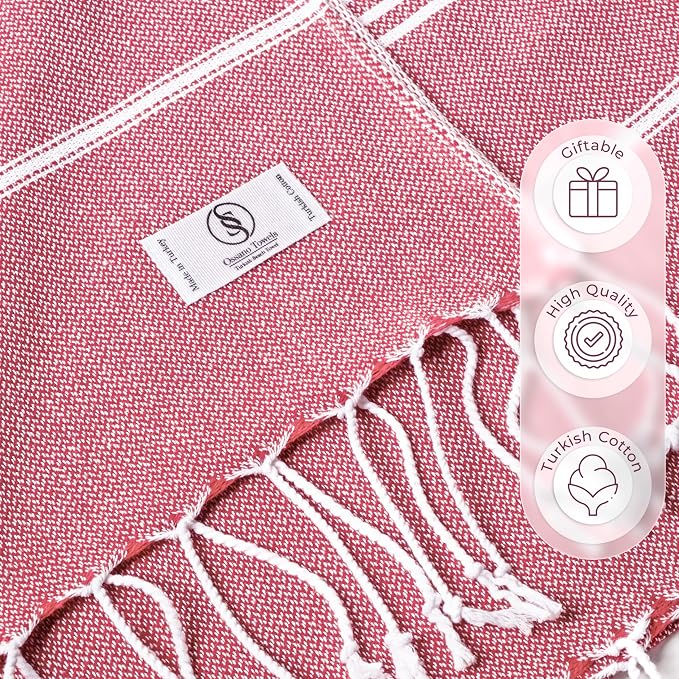 Ossano Cute Beach Towel - Quick Dry & Sand Free, Oversized (39" x 71"), Versatile, Perfect as Yoga Mat, Pool Towel, Turkish Towel, or Picnic Blanket - Coral