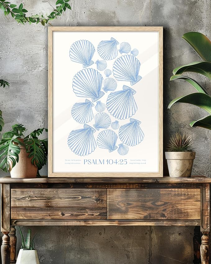 EcoHest 12x16 in Psalm 104:25 Coastal Seashell Framed Christian Wall Art | Natural Oak Wood Frame with Canvas Wall Art, Scripture Bible Verse Decor for Bedroom, Living Room, Office, Church, 1Pack