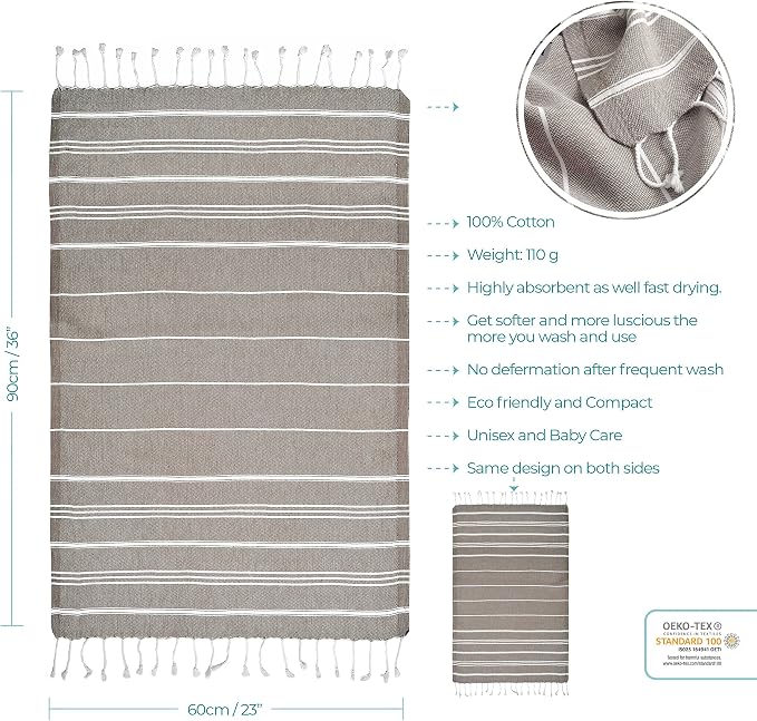 Cacala 100% Turkish Cotton Kitchen Tea Towels, Highly Absorbent Luxury Soft Quick Drying Dish Towel with Hanging Loop for Gym, Yoga, Bath, Sports, Cleaning and Kitchen (23 x 36)