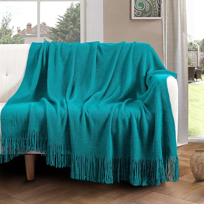Vonty Teal Knitted Throw Blanket with Tassels Fringe, 50x60 Acrylic | Super Soft And Lightweight, Year-Round Cozy Warmth, Farmhouse Decorative Style, Machine Washable, for Couch, Sofa or Bed