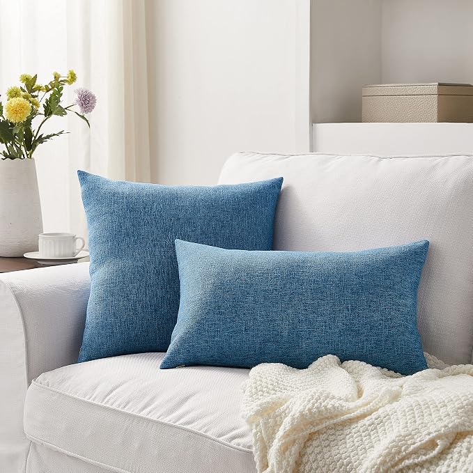 Meekio Set of 2 Blue Pillow Covers 18 x 18 Inch Farmhouse Boho Decorative Throw Pillow Covers Linen Cushion Covers for Sofa Couch Décor