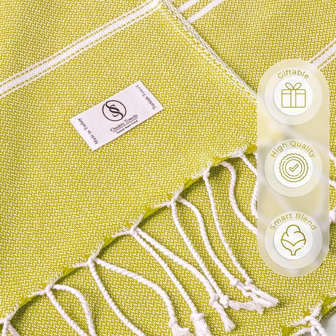 Ossano Turkish Beach Towel Quick Dry & Absorbent Oversized (39" x 71") - Compact, Versatile and Functional as Yoga Mat, Picnic Blanket, Travel Blanket, Bath, Camp and Shower Towel - Yellow
