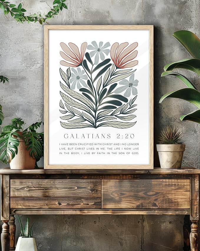 EcoHest 12x16 in Galatians 2:20 Abstract Floral Framed Christian Wall Art | Natural Oak Wood Frame with Canvas Wall Art, Boho Scripture Bible Verse Decor for Bedroom, Living Room, Office, Church, 1Pack