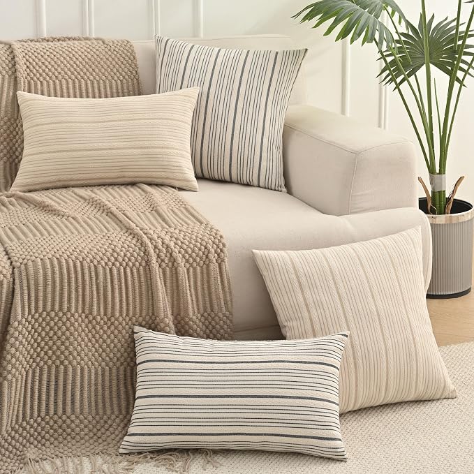 Tan Outdoor Striped Set of 2 Throw Pillow Covers 20x20 Cream Beige | Pack of 2 Pillow Cases Farmhouse Decorative Square Throw Pillows for Couch Sofa Bed