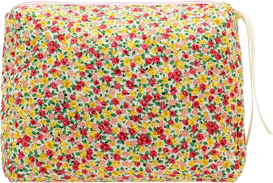 PAZIMIIK Quilted Makeup Bag Large Travel Zipper Soft Cosmetic Pouch for Women Girls Make Up,Little Flower