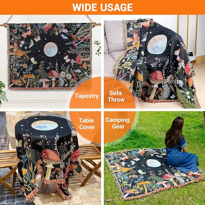 Moonlit Garden Woven Throw Blanket Cotton Boho Throw Blanket Moon Plant Blankets Boho Chic Decor Reversible Cute Witchy Throws Blankets with Tassels Bohemian Room Decor Luxury Couch Throws 51”x59”