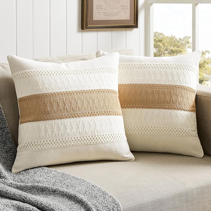 2 Pack Boho Throw Pillow Covers, Contrast Brown 18x18in | Soft Breathable Cotton, Farmhouse Decorative Couch Pillow Cases, Cushion Covers for Sofa Bed Living Room Home Decor