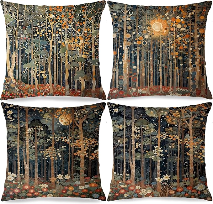 Rustic William Morris Inspired Autumn Forest Pillow Covers 20x20 Set of 4, Fall Home Room Decor, Vintage Botanical NatureDecorative Throw Pillow Covers for Home Bedroom Living Room