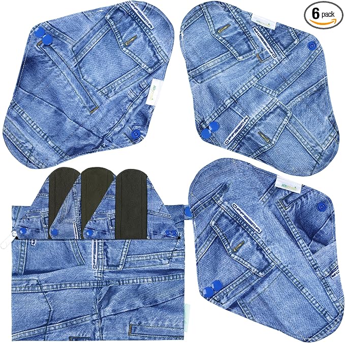 wegreeco Charcoal Reusable Menstrual Pads - Reusable Sanitary Pads | Reusable Panty Liners | Soft Cloth Menstrual Pad- 6 Pack with 1 Cloth Mini Wet Bag (Classic Jeans, Small)