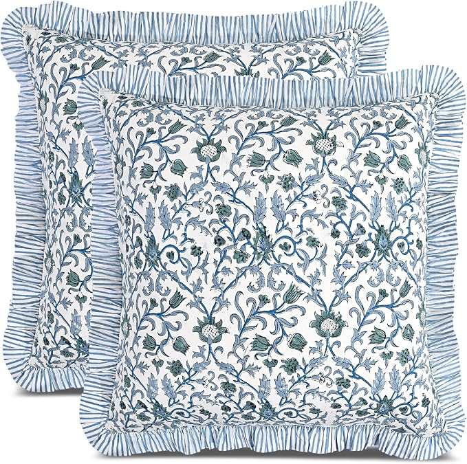 CPC Ocean Vine Hand Block Print 100% Cotton Ruffle Throw Pillow Cover 20x20 inch with Hidden Zipper Decorative for Couch, Bed, Sofa, Farmhouse, Cottagecore Decor Gift Christmas Fall Thanksgiving