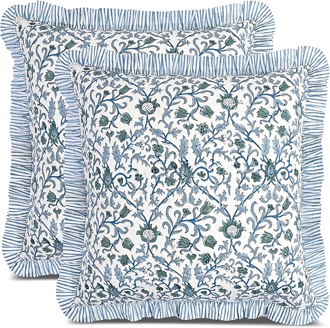 CPC Ocean Vine Hand Block Print 100% Cotton Ruffle Throw Pillow Cover 24x24 inch with Hidden Zipper Decorative for Couch, Bed, Sofa, Farmhouse, Cottagecore Decor Gift Christmas Fall Thanksgiving